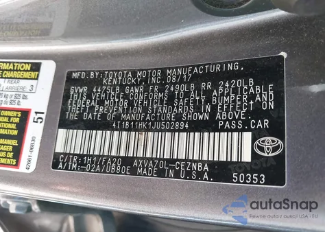 2018 Toyota Camry Le from USA, damaged, VIN 4T1B11HK1JU502894